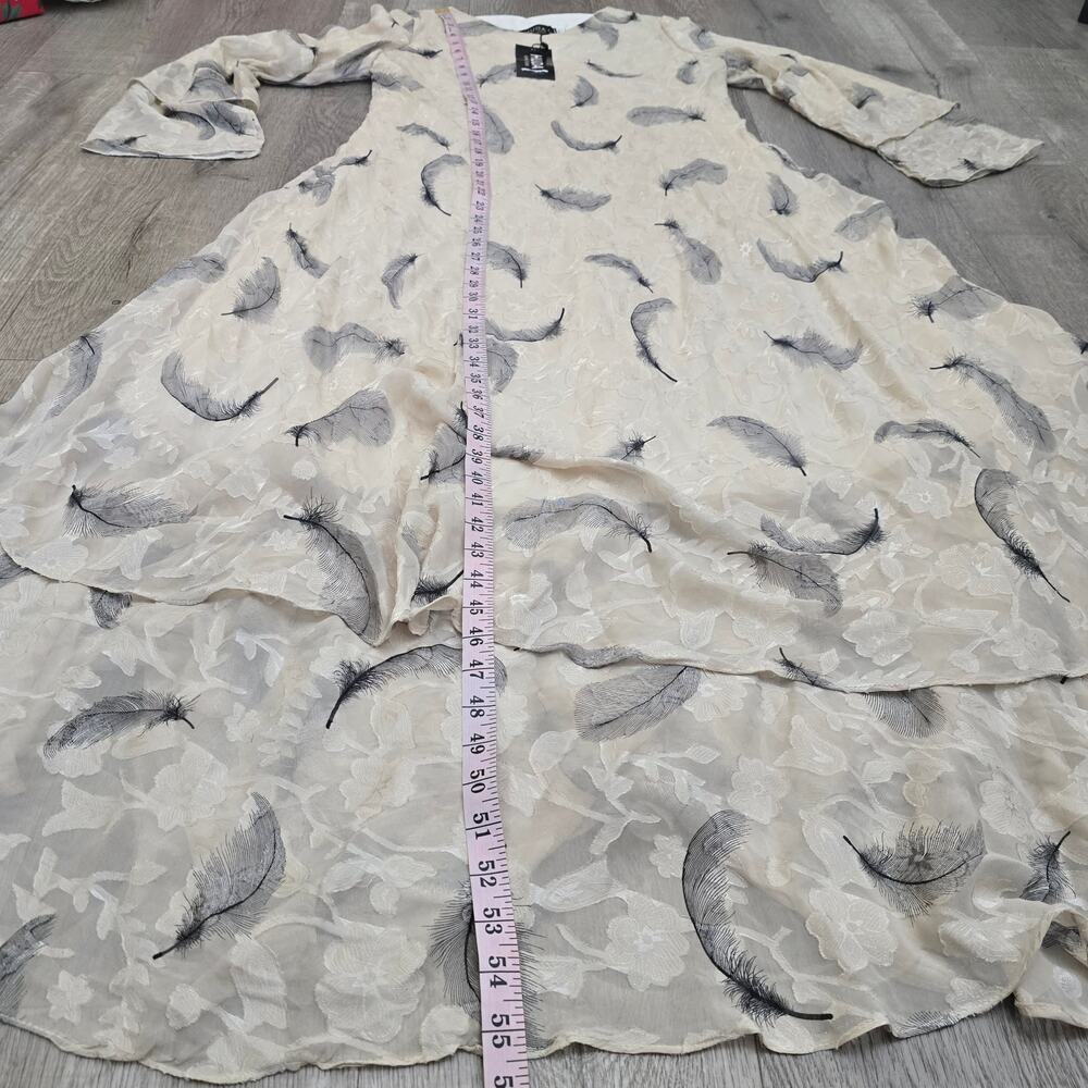 HUDA Feather Print Chiffon Maxi Dress 4 Modest Boho Tiered Beige Elegant Resort - Picture 10 of 12